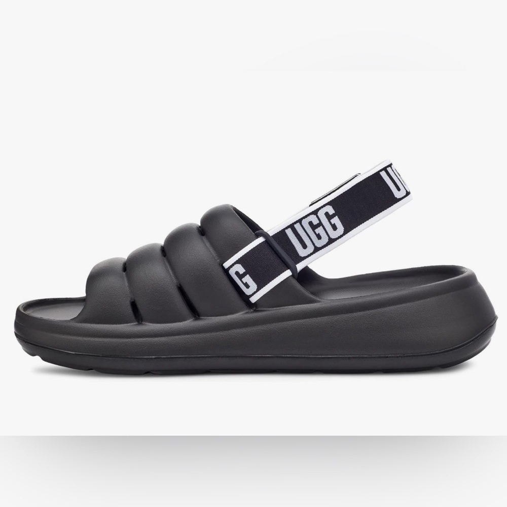 UGG Sz 9 Sport Yeah Puffer Detachable Logo Print Backstrap Slides Clogs Sandals